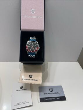 Pagani Design Men's Stainless Steel Watch - Black Dial, Red & Blue Bezel